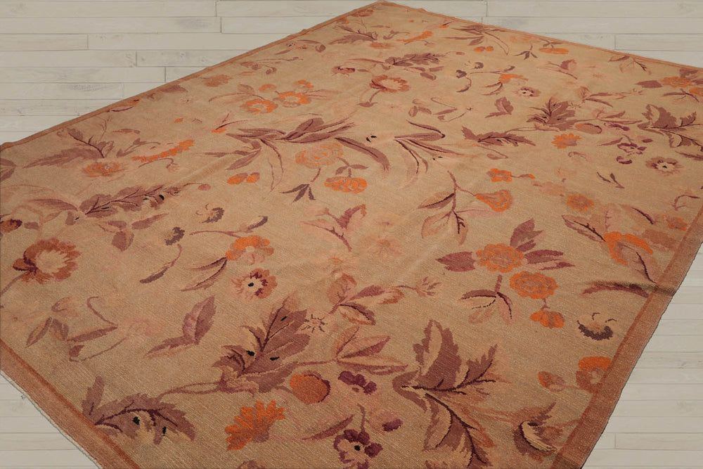 9x12 Tan, Taupe, Orange Color Hand Knotted  100% Wool Transitional Oriental Rug