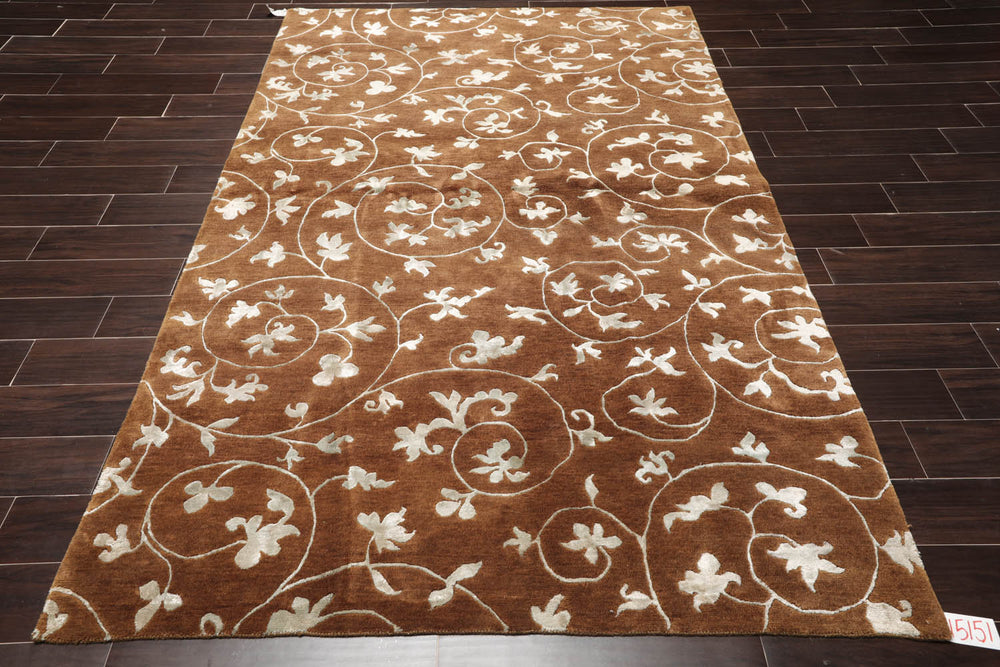 6x9 Brown, Aqua, Color Hand Knotted  100% Wool Transitional Oriental Rug