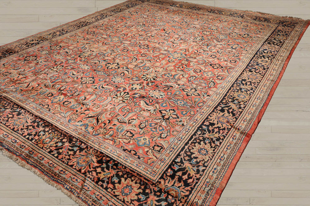 Palace Salmon, Black, Blue Color Hand Knotted Mahal 100% Wool Traditional Oriental Rug