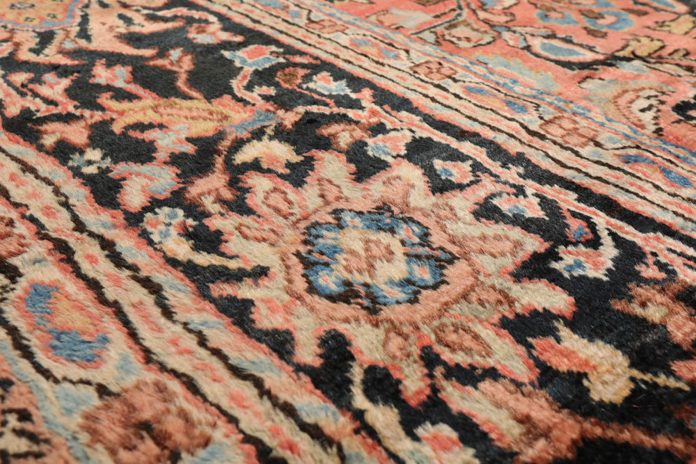 Palace Salmon, Black, Blue Color Hand Knotted Mahal 100% Wool Traditional Oriental Rug