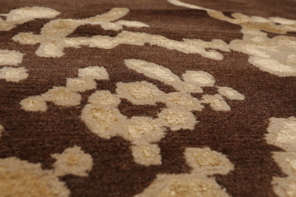 10x14 Brown, Beige, Light Gold Color Hand Knotted Tibetan Wool & Silk Modern Oriental Rug
