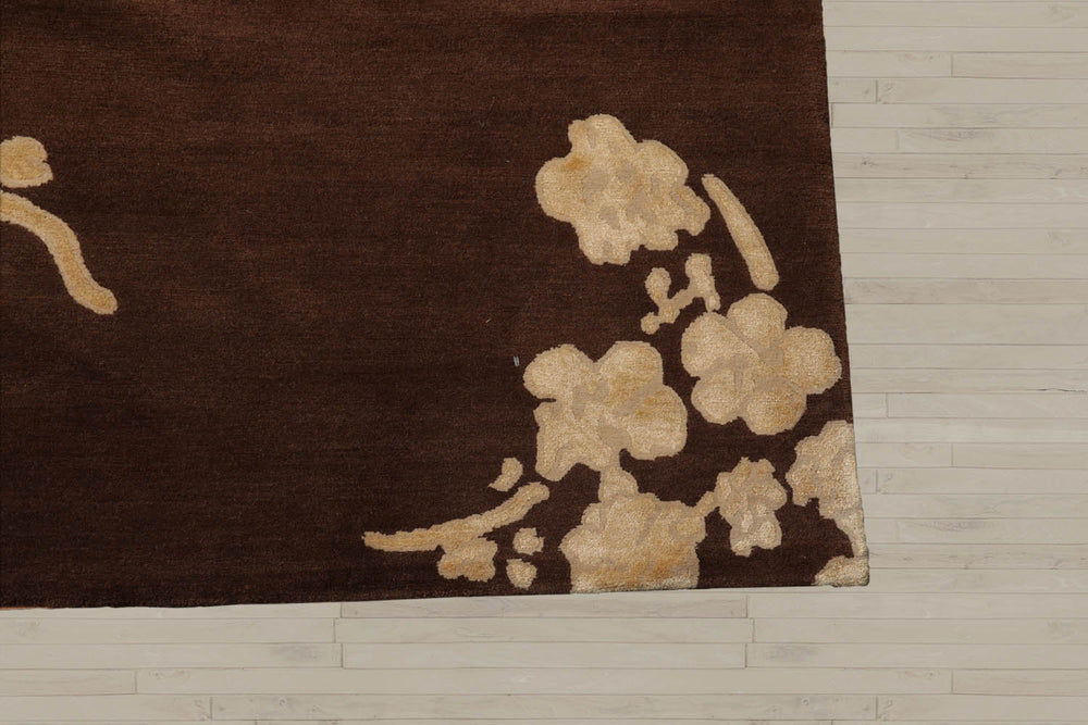 10x14 Brown, Beige, Light Gold Color Hand Knotted Tibetan Wool & Silk Modern Oriental Rug