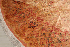 Round Tan, Peach, Rose Color Hand Knotted Tabriz Wool & Silk Traditional Oriental Rug