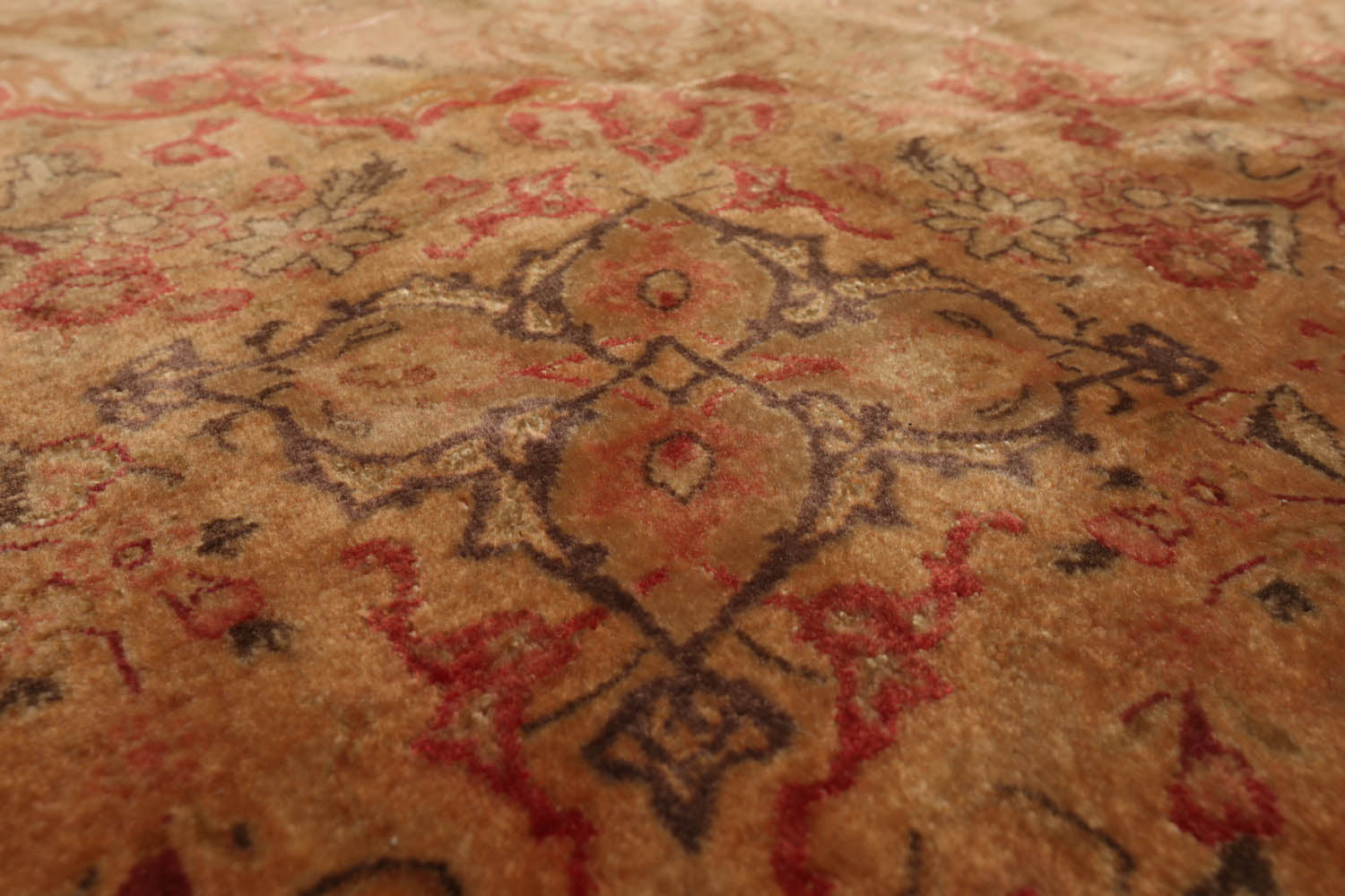 Round Tan, Peach, Rose Color Hand Knotted Tabriz Wool & Silk Traditional Oriental Rug