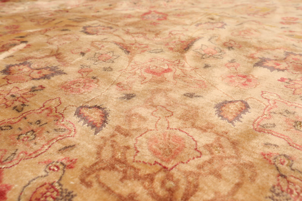 Round Tan, Peach, Rose Color Hand Knotted Tabriz Wool & Silk Traditional Oriental Rug