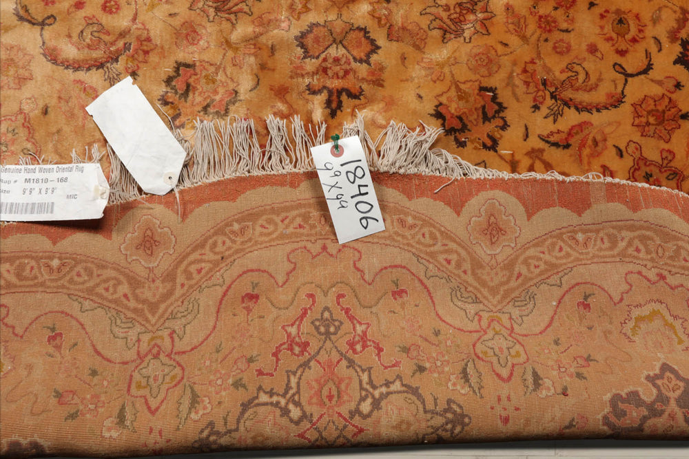 Round Tan, Peach, Rose Color Hand Knotted Tabriz Wool & Silk Traditional Oriental Rug