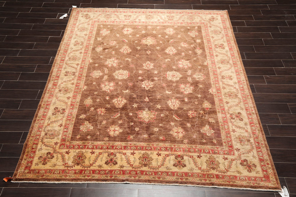 8x10 Brown, Beige, Coral Color Hand Knotted Peshawar 100% Wool Traditional Oriental Rug