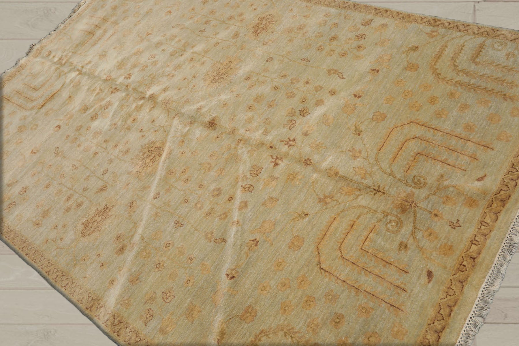 5x8 Moss, Gold, Brown Color Hand Knotted  100% Wool Transitional Oriental Rug