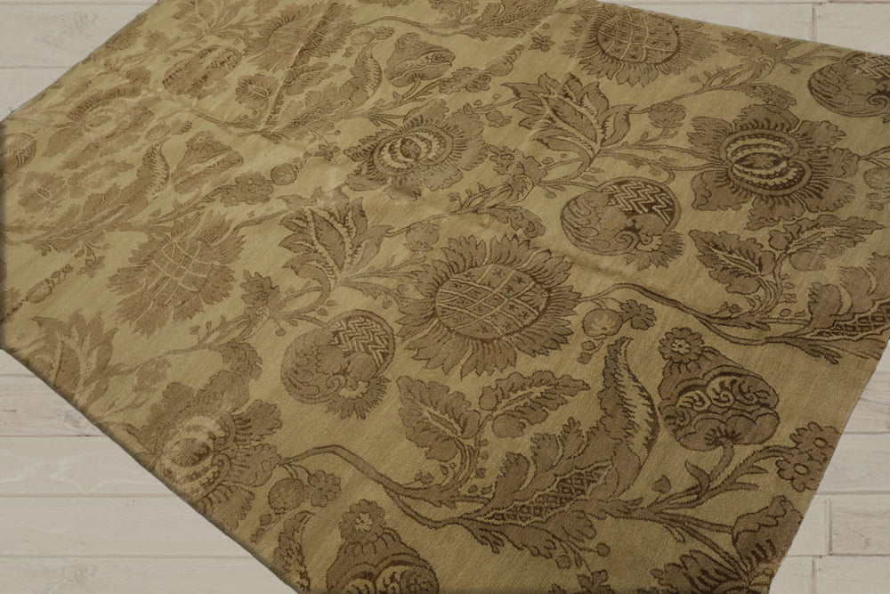 6x9 Olive Green, Moss, Color Hand Knotted  Wool & Silk Transitional Oriental Rug