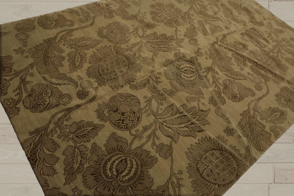 6x9 Olive Green, Moss, Color Hand Knotted  Wool & Silk Transitional Oriental Rug