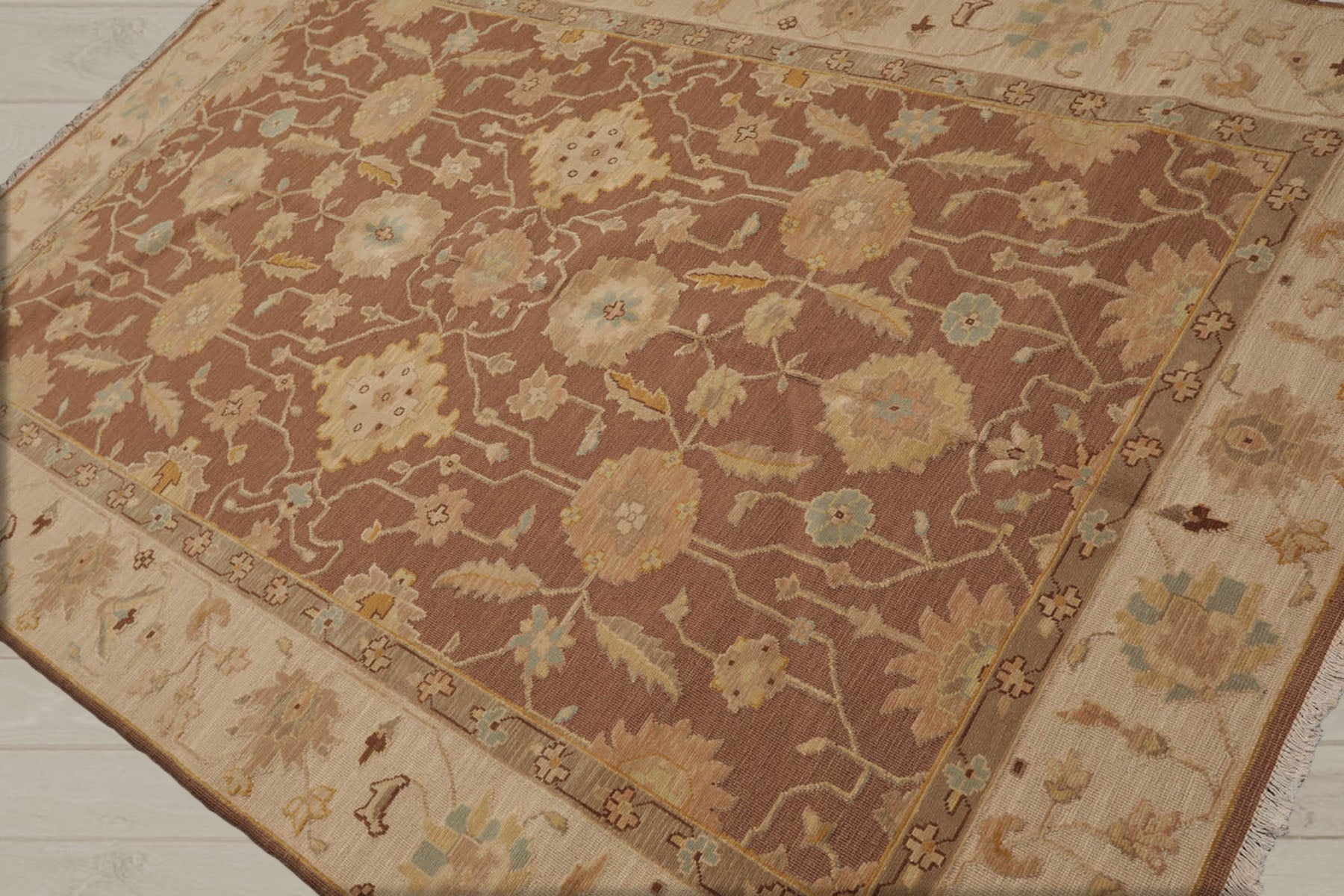 6x9 Mocha, Beige, Aqua Color Hand Knotted  100% Wool Traditional Oriental Rug