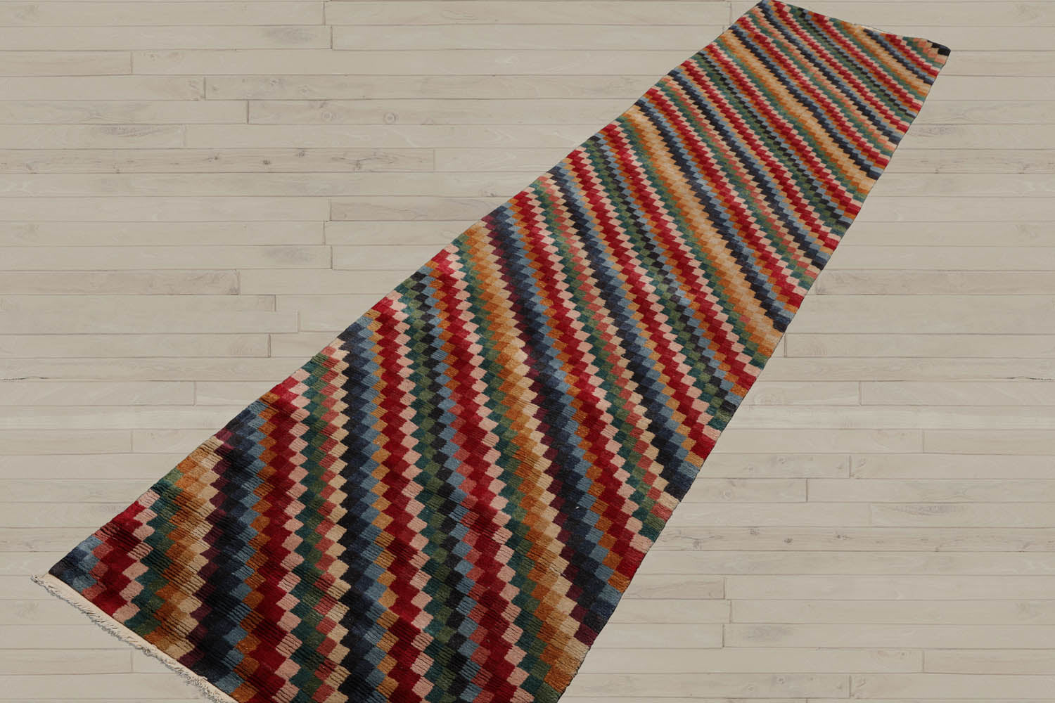 2'6x12 Red, Green, Blue Color Hand Knotted  Wool & Silk Contemporary Oriental Rug