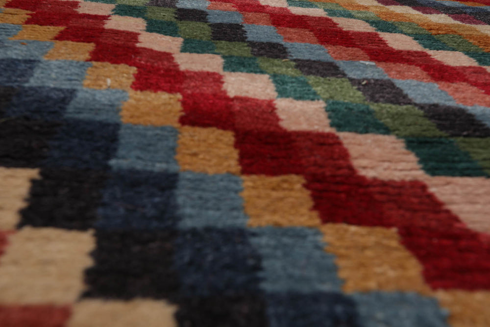 2'6x12 Red, Green, Blue Color Hand Knotted  Wool & Silk Contemporary Oriental Rug