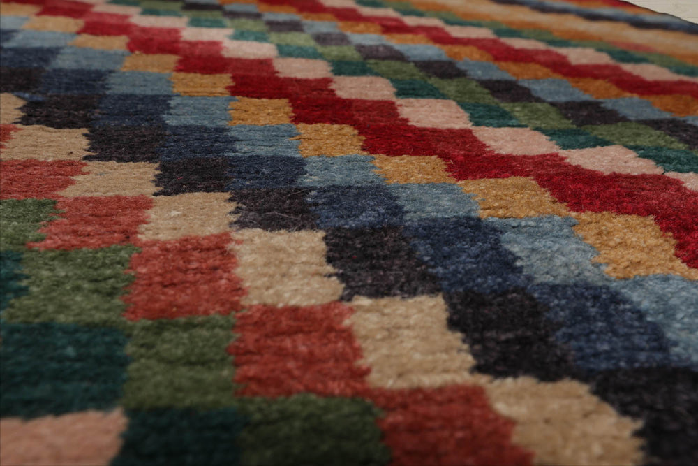 2'6x12 Red, Green, Blue Color Hand Knotted  Wool & Silk Contemporary Oriental Rug