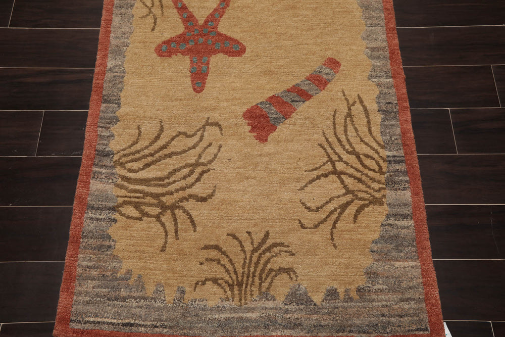 Runner Beige, Pistacchio, Dark Gray Color Hand Knotted  100% Wool Modern Oriental Rug