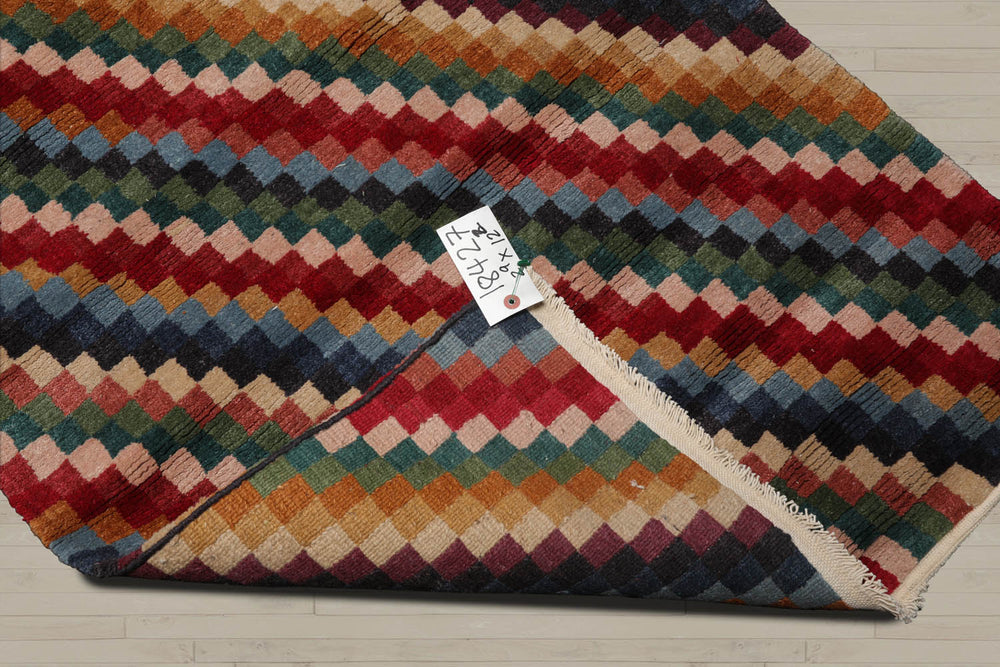 2'6x12 Red, Green, Blue Color Hand Knotted  Wool & Silk Contemporary Oriental Rug