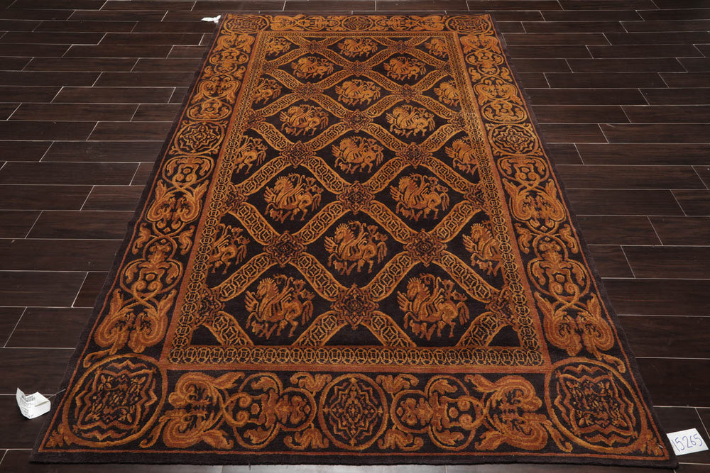 6x9 Charcoal, Brown, Gold Color Hand Knotted  100% Wool Transitional Oriental Rug