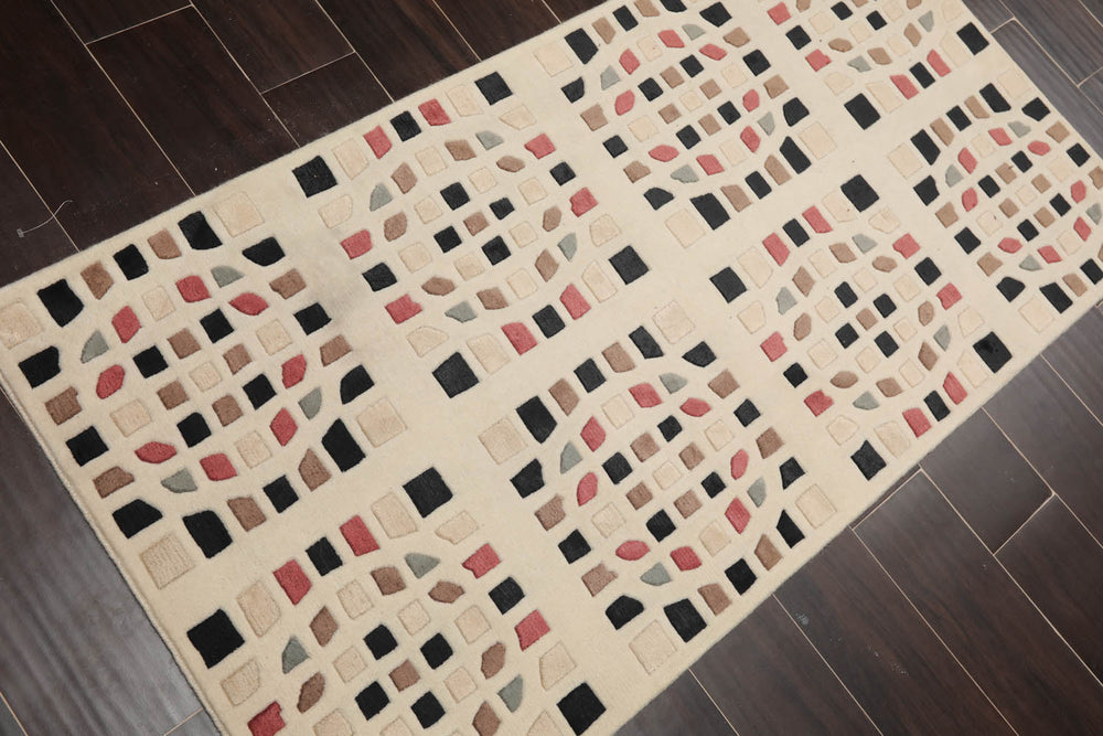 3x5 Cream, Brown, Black Color Hand Knotted  100% Wool Modern Oriental Rug