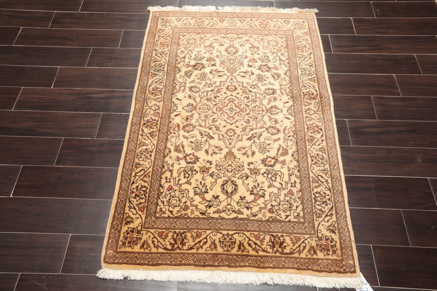 3x5 Caramel, Brown, Aqua Color Hand Knotted Kashan 100% Wool Traditional Oriental Rug