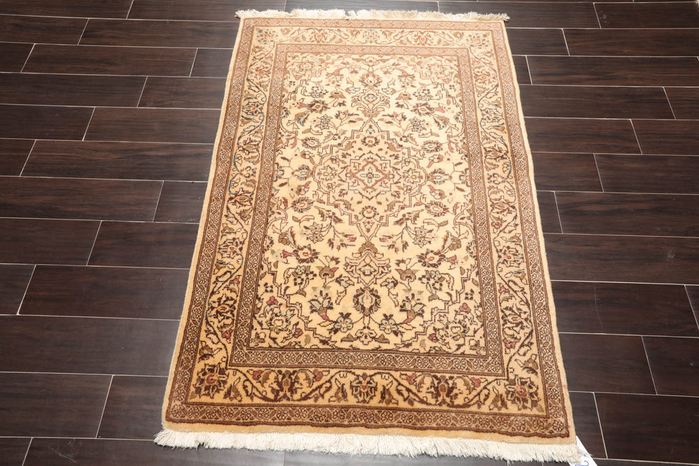 3x5 Caramel, Brown, Aqua Color Hand Knotted Kashan 100% Wool Traditional Oriental Rug