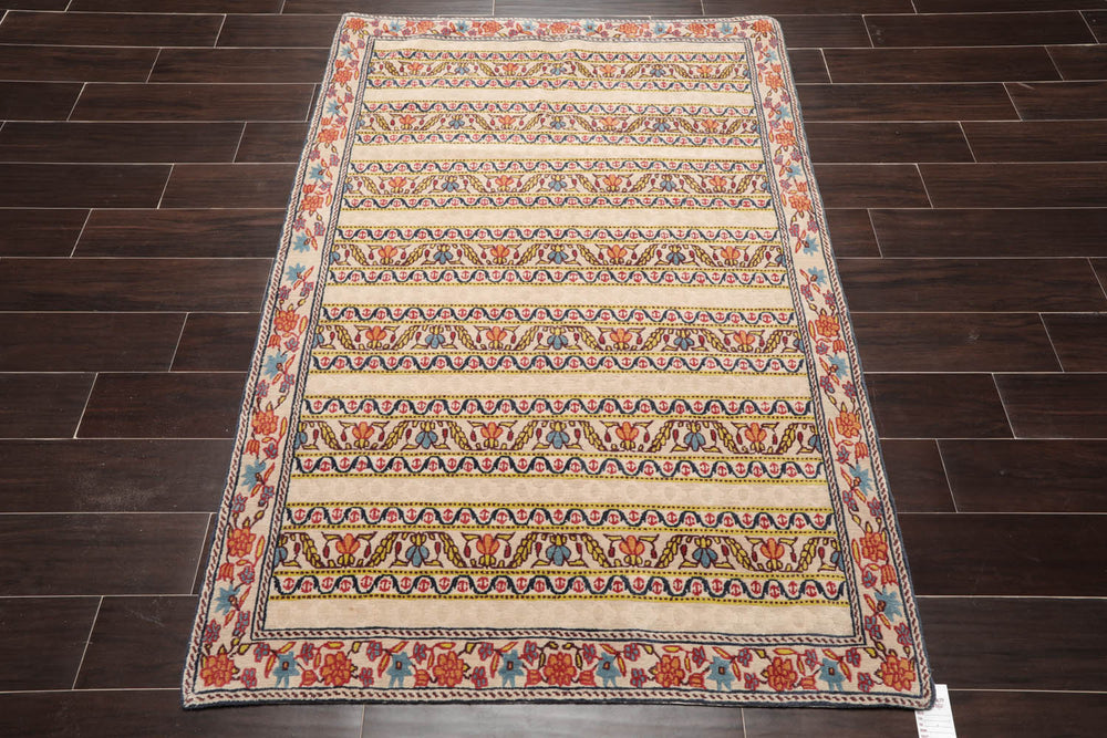 4x6 Beige, Blue, Mustard Color Hand Knotted  100% Wool Transitional Oriental Rug