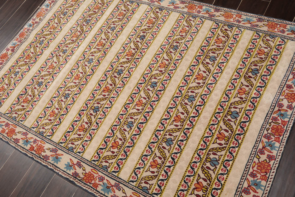 4x6 Beige, Blue, Mustard Color Hand Knotted  100% Wool Transitional Oriental Rug