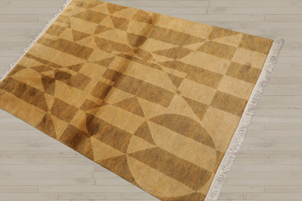 4x6 Gold, Brown, Color Hand Knotted Tibetan 100% Wool Modern & Contemporary Oriental Rug