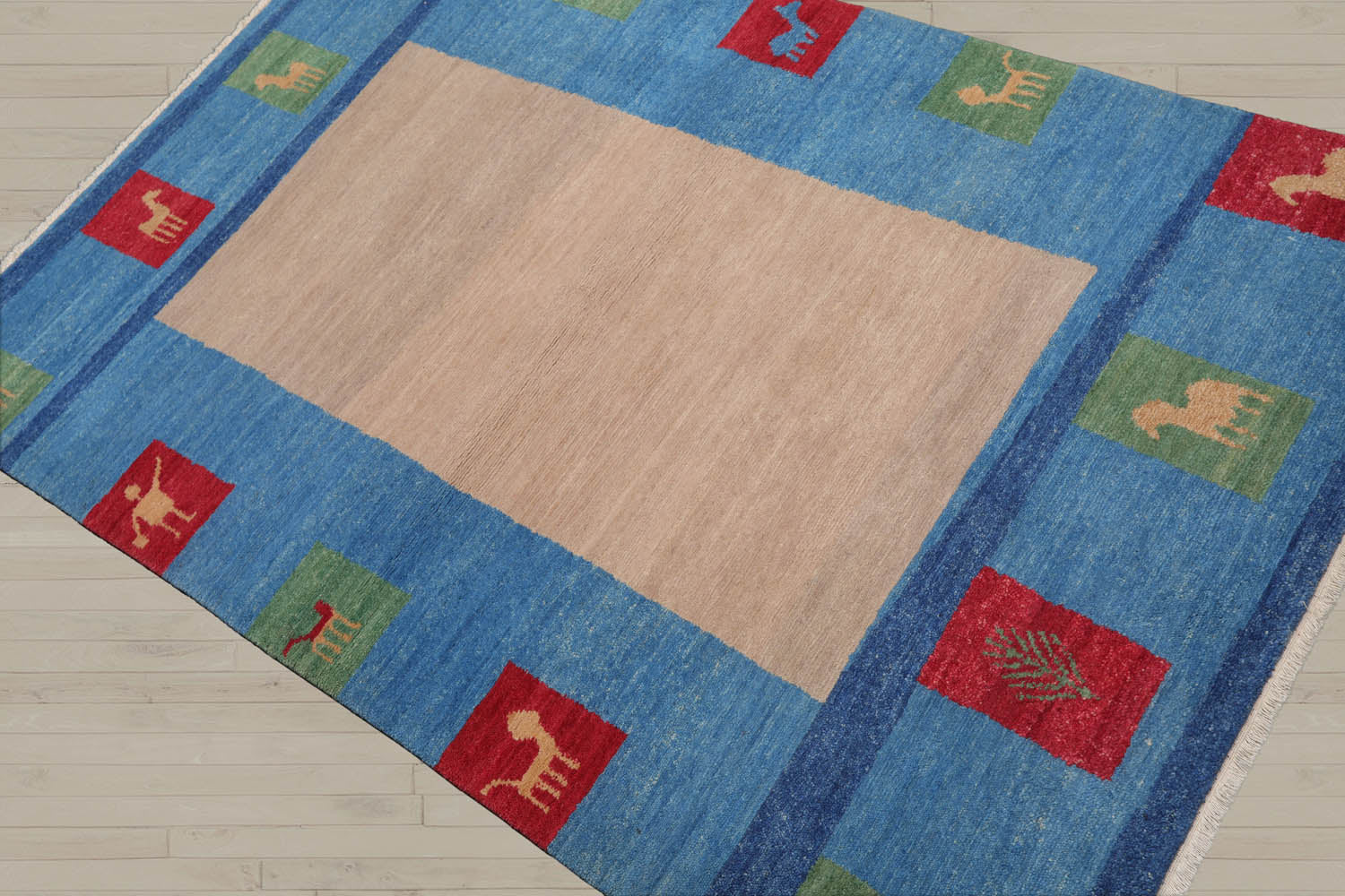 4x6 Beige, Blue, Coral Color Hand Knotted Gabbeh 100% Wool Modern & Contemporary Oriental Rug