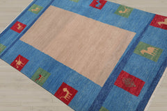 4x6 Beige, Blue, Coral Color Hand Knotted Gabbeh 100% Wool Modern & Contemporary Oriental Rug