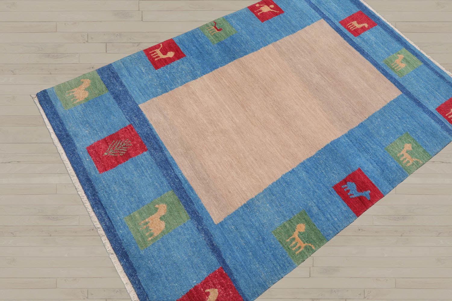 4x6 Beige, Blue, Coral Color Hand Knotted Gabbeh 100% Wool Modern & Contemporary Oriental Rug