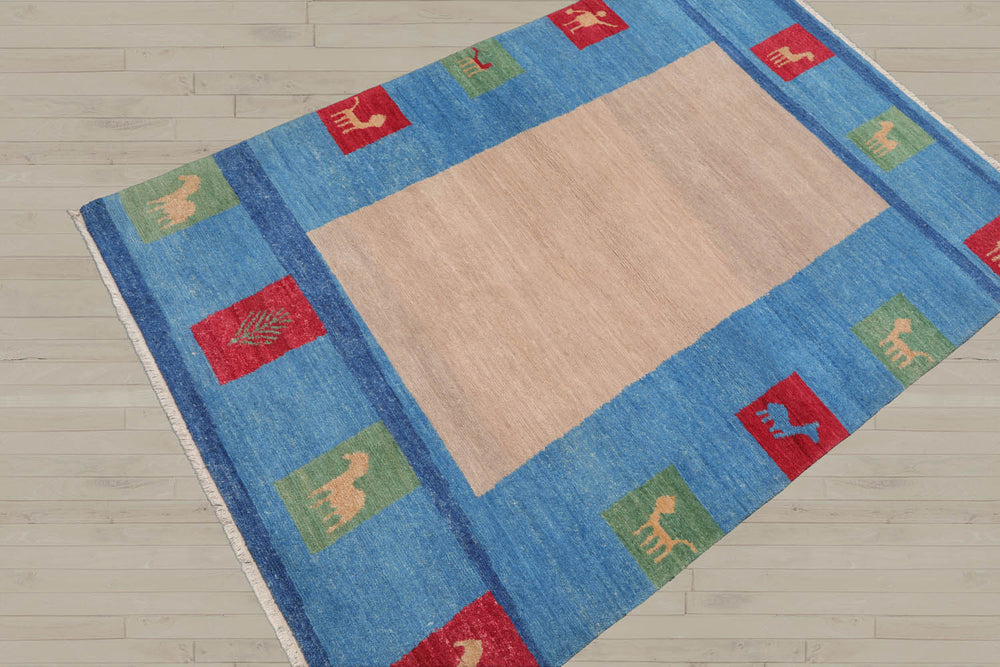 4x6 Beige, Blue, Coral Color Hand Knotted Gabbeh 100% Wool Modern & Contemporary Oriental Rug