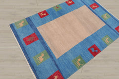 4x6 Beige, Blue, Coral Color Hand Knotted Gabbeh 100% Wool Modern & Contemporary Oriental Rug