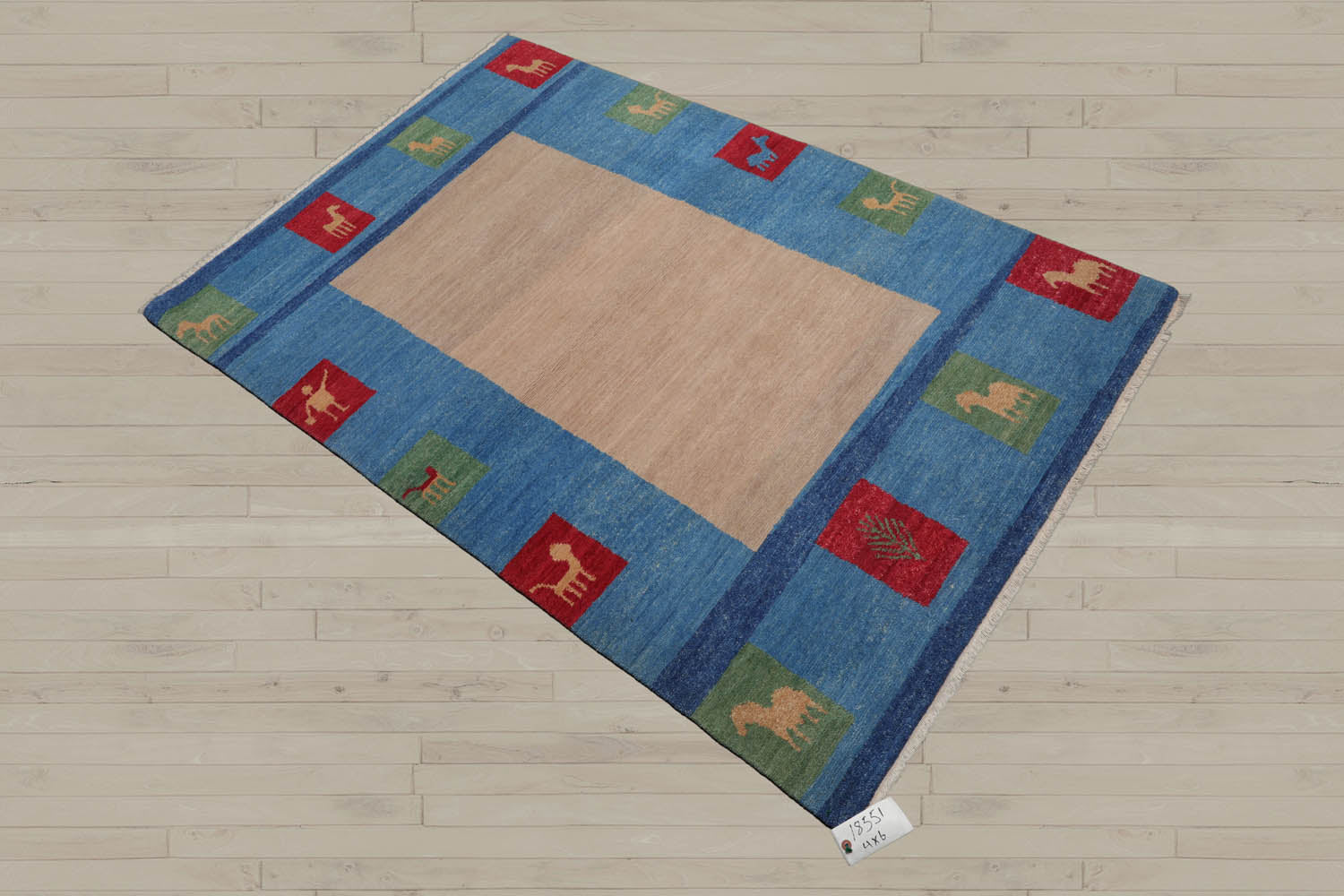 4x6 Beige, Blue, Coral Color Hand Knotted Gabbeh 100% Wool Modern & Contemporary Oriental Rug