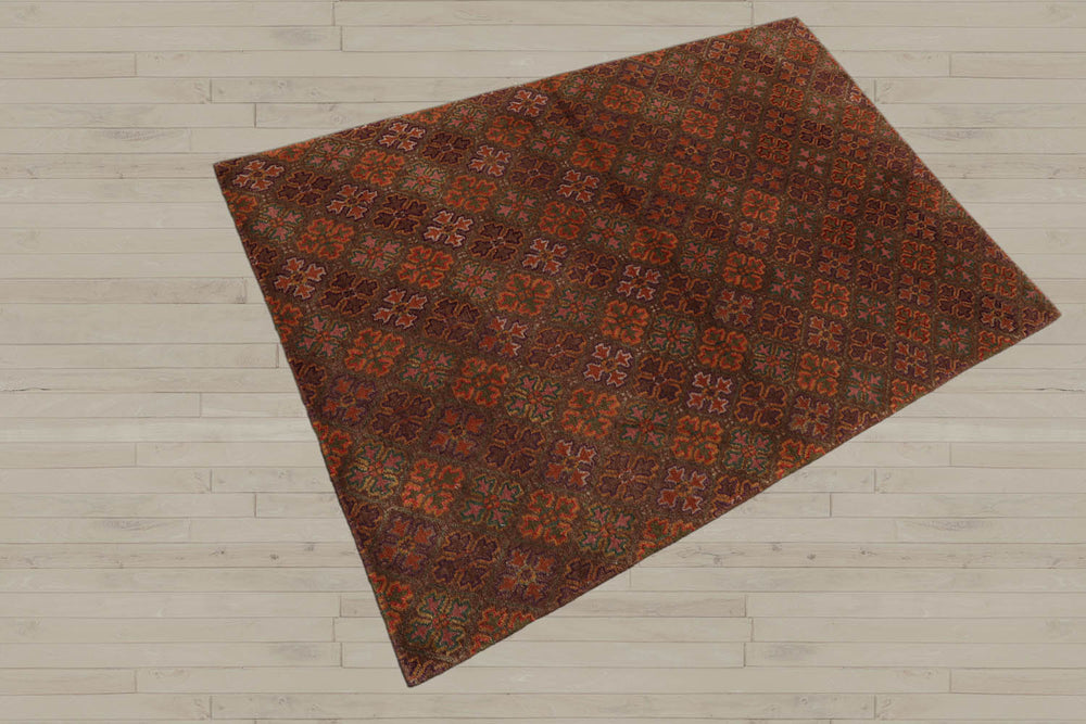 4x6 Brown, Aubergine, Gold Color Hand Knotted Tibetan 100% Wool Transitional Oriental Rug