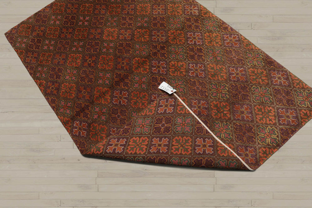 4x6 Brown, Aubergine, Gold Color Hand Knotted Tibetan 100% Wool Transitional Oriental Rug