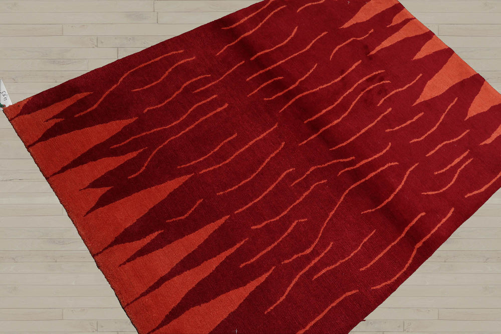 4x6 Red, Peach, Color Hand Knotted Tibetan 100% Wool Modern & Contemporary Oriental Rug