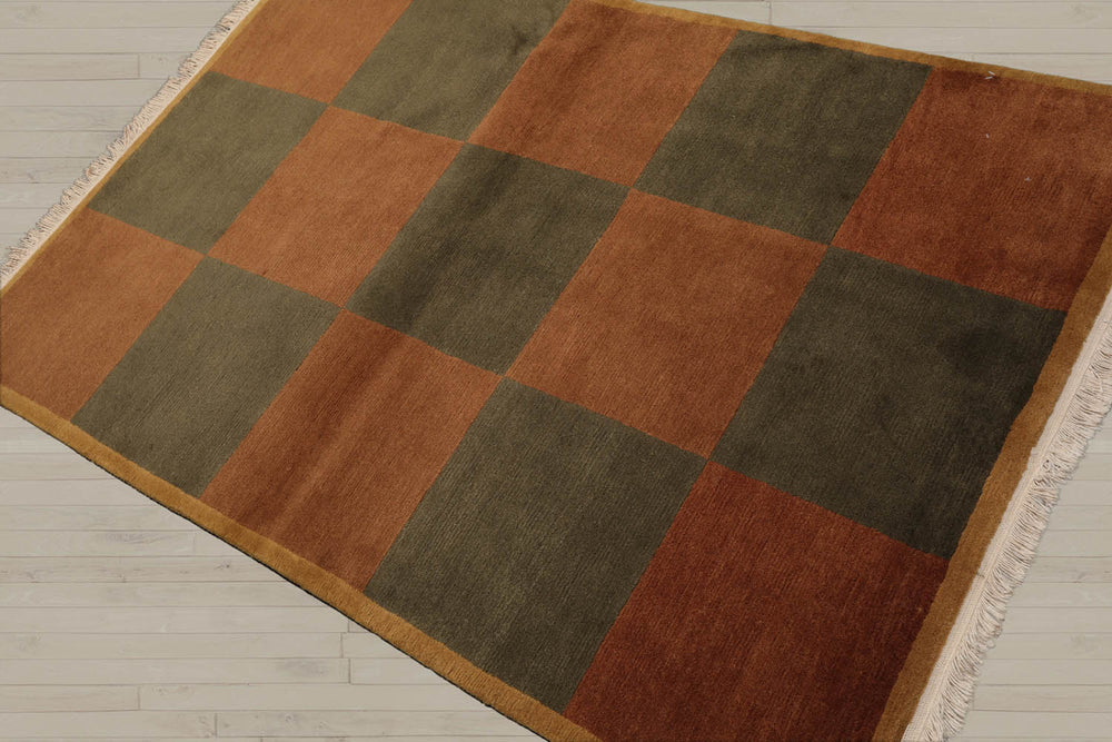 4x6 Brown, Green, Gold Color Hand Knotted Tibetan 100% Wool Modern & Contemporary Oriental Rug