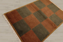 4x6 Brown, Green, Gold Color Hand Knotted Tibetan 100% Wool Modern & Contemporary Oriental Rug
