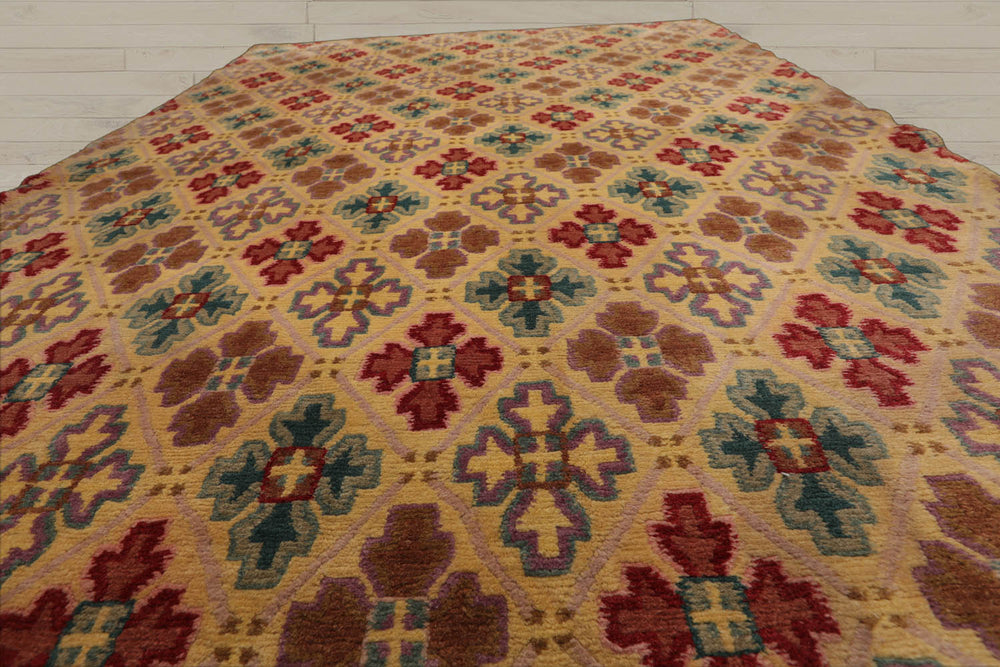4x6 Beige, Light Gold, Celadon Color Hand Knotted Tibetan 100% Wool Transitional Oriental Rug