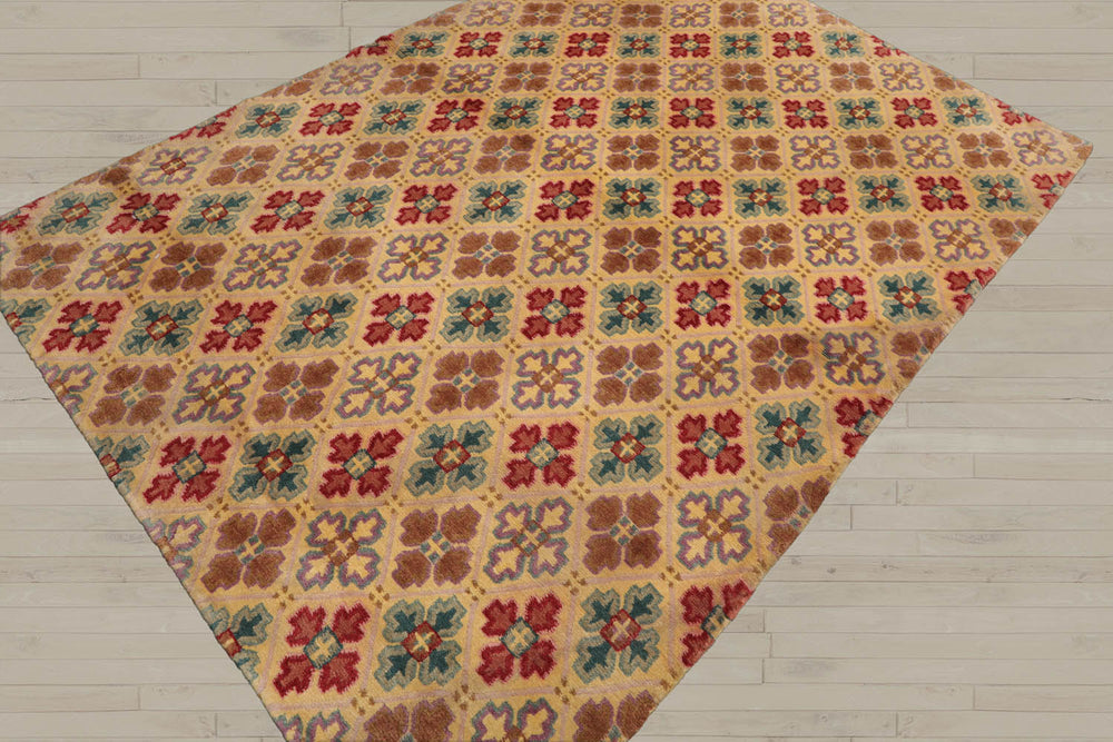 4x6 Beige, Light Gold, Celadon Color Hand Knotted Tibetan 100% Wool Transitional Oriental Rug