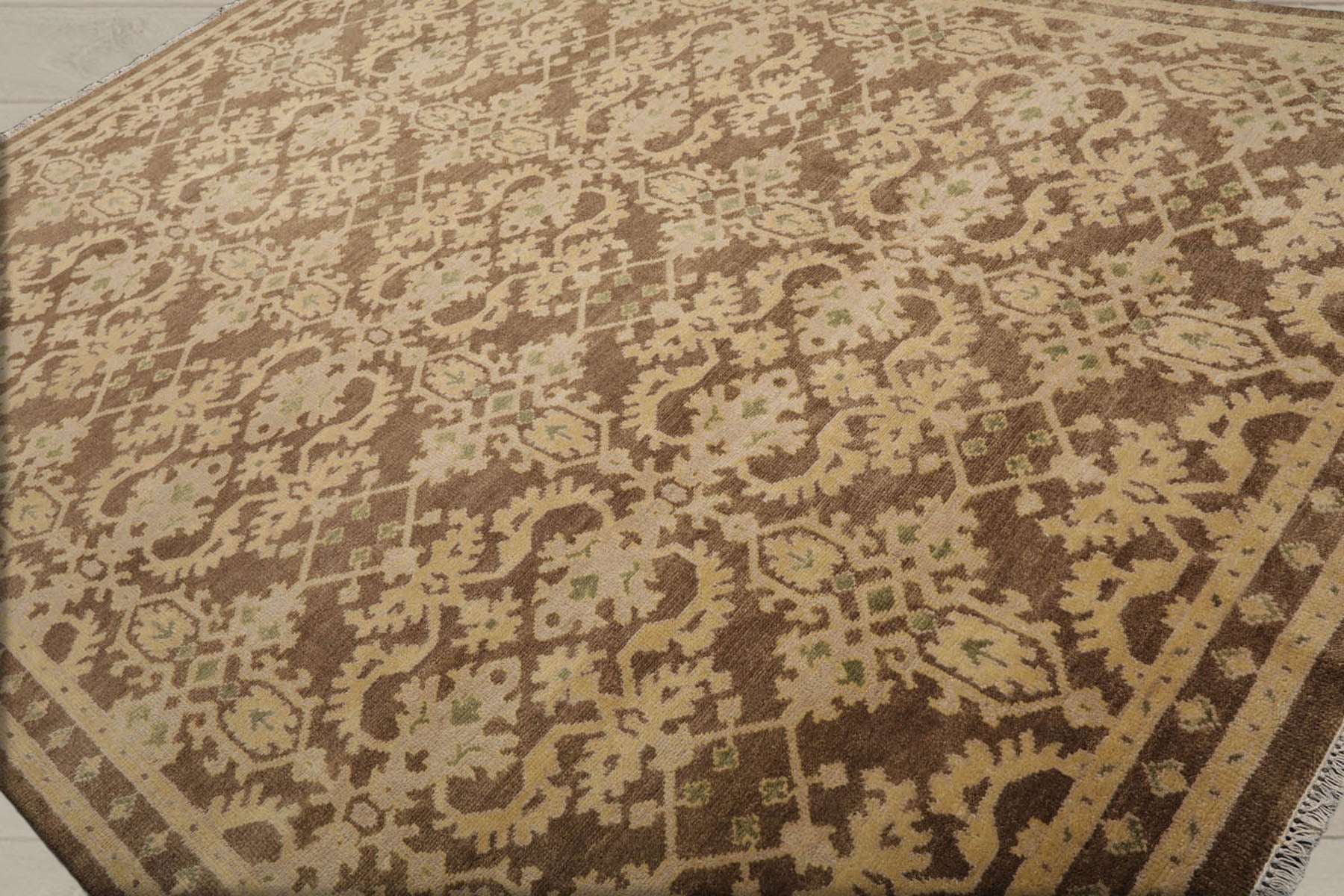 9x12 Brown, Tan, Light Gold Color Hand Knotted Turkish Oushak 100% Wool Traditional Oriental Rug