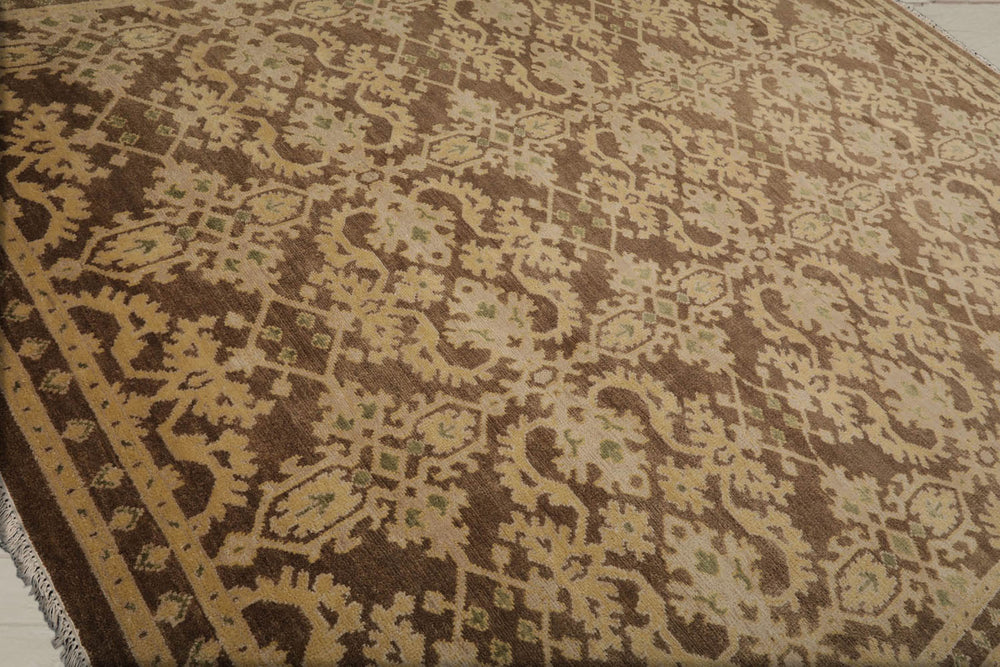 9x12 Brown, Tan, Light Gold Color Hand Knotted Turkish Oushak 100% Wool Traditional Oriental Rug