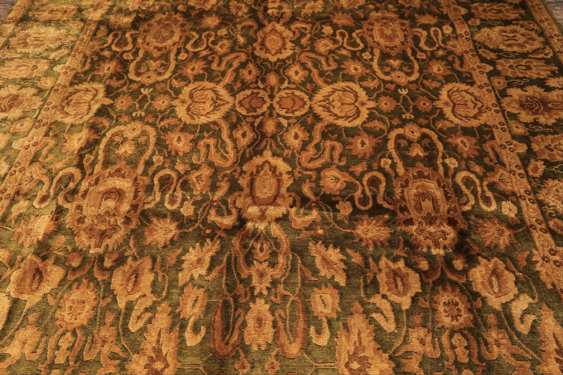 9x12 Green, Gold, Tan Color Hand Knotted Agra Wool Traditional Oriental Rug