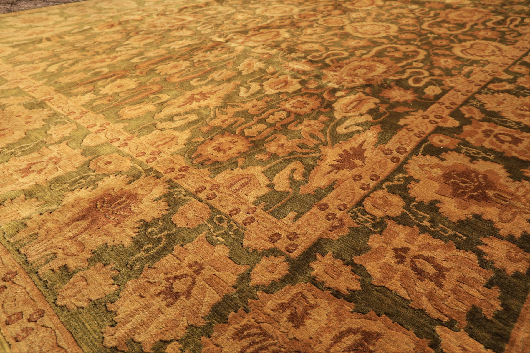 9x12 Green, Gold, Tan Color Hand Knotted Agra Wool Traditional Oriental Rug