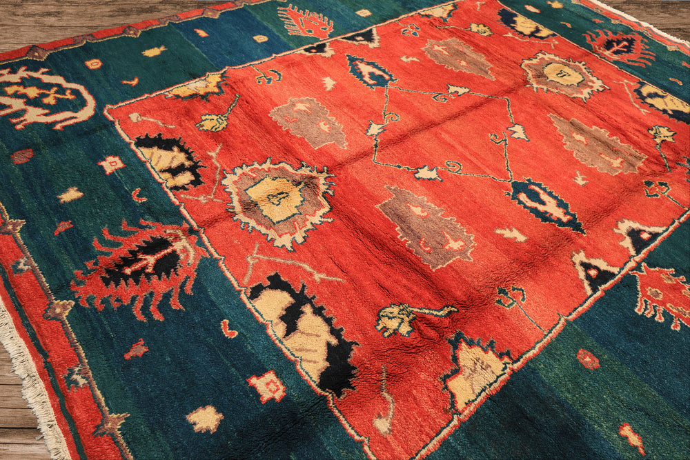 9x12 Coral, Turquoise, Teal Color Hand Knotted Turkish Oushak Wool  Oriental Rug