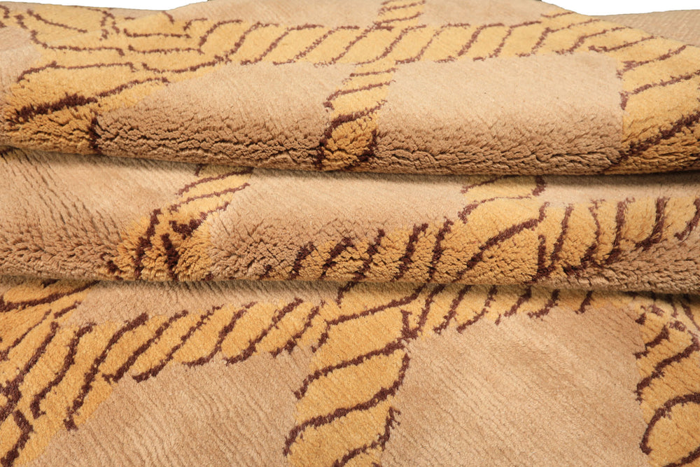 8x10 Tan, Gold, Chocolate Color Hand Knotted Tibetan Wool Transitional Oriental Rug