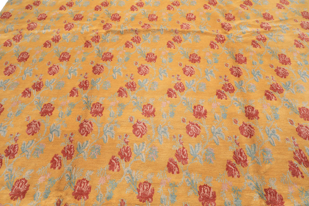 8x10 Gold, Blue, Rust Color Hand Knotted Tibetan Wool Transitional Oriental Rug