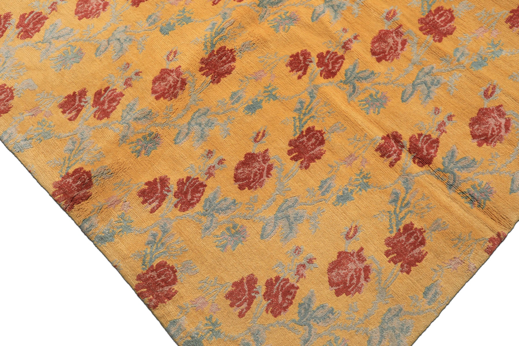 8x10 Gold, Blue, Rust Color Hand Knotted Tibetan Wool Transitional Oriental Rug