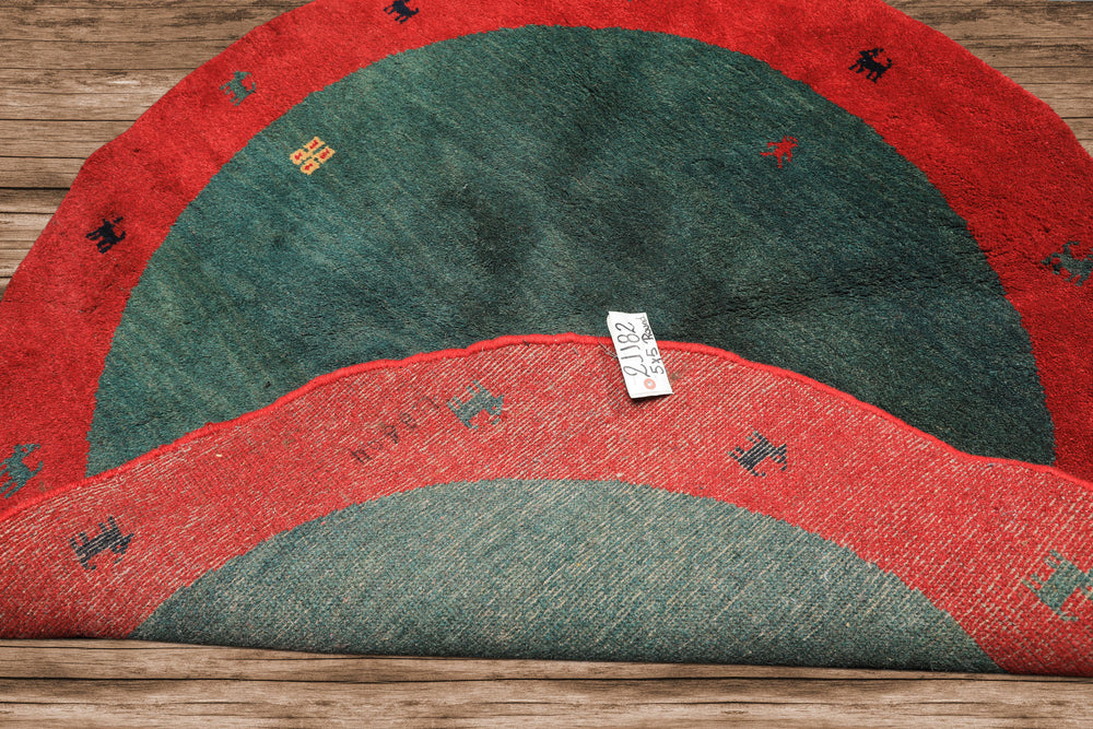 Round Green, Red, Gold Color Hand Knotted Gabbeh Wool Modern & Contemporary Oriental Rug
