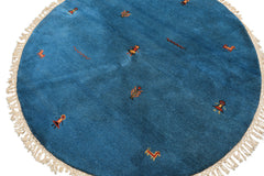 Round Aqua, Gold, Black Color Hand Knotted Gabbeh Wool Modern & Contemporary Oriental Rug